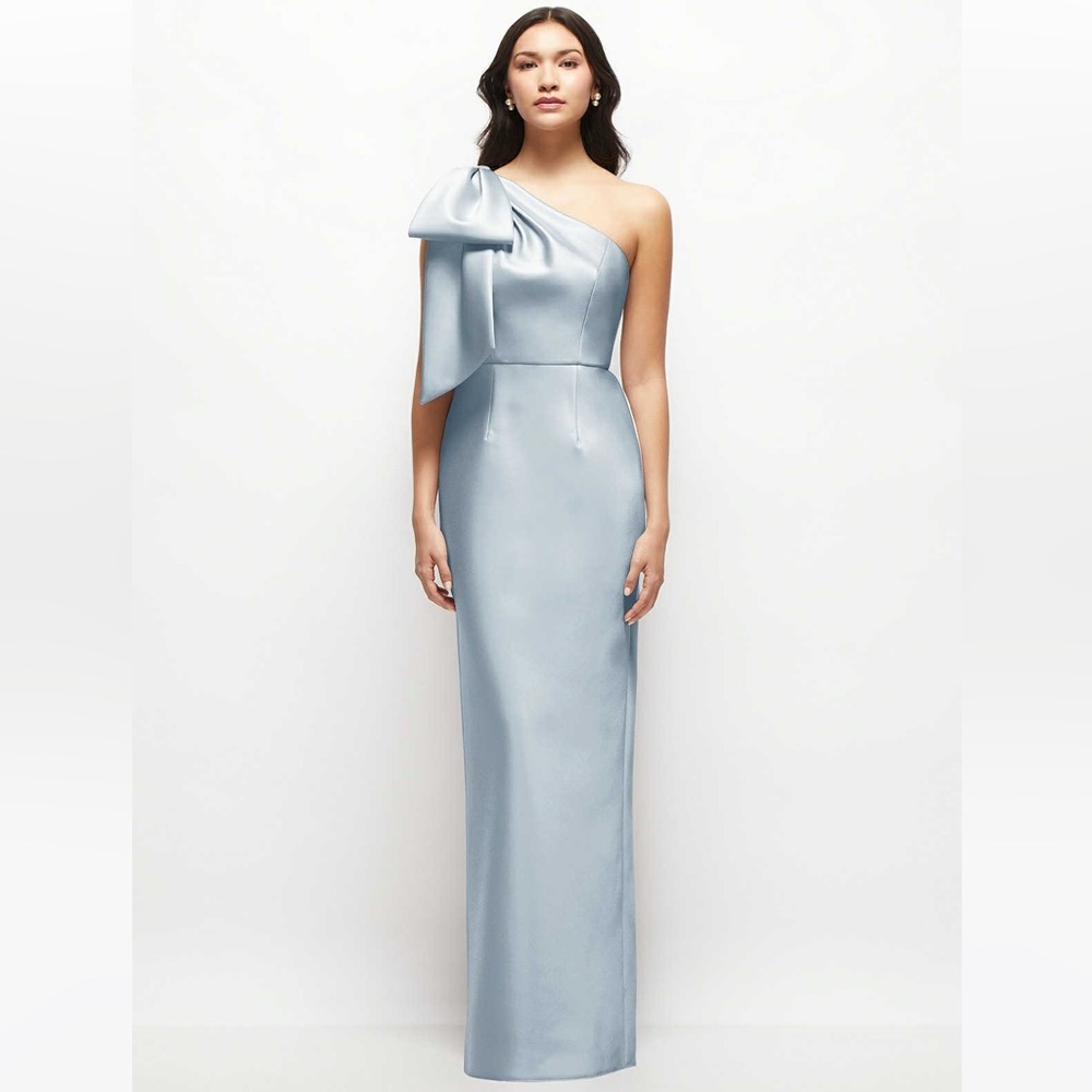 ALFRED SUNG CALLA SATIN TWILL BOW ONE-SHOULDER Bridesmaid Dress in Silver Dove